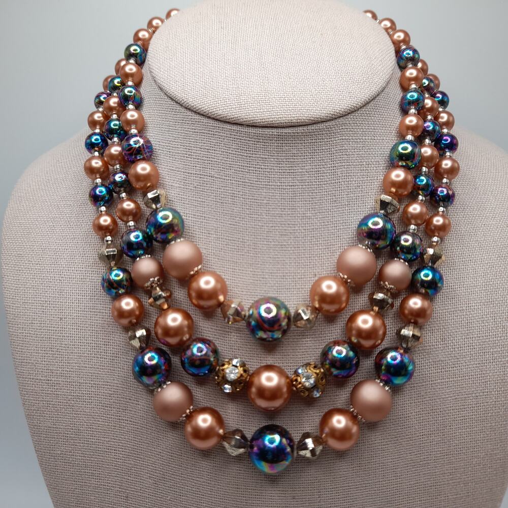 Vintage 1950s Iridescent Faux Pearl Beaded Necklace, Rhinestone Beads, 15 Inches